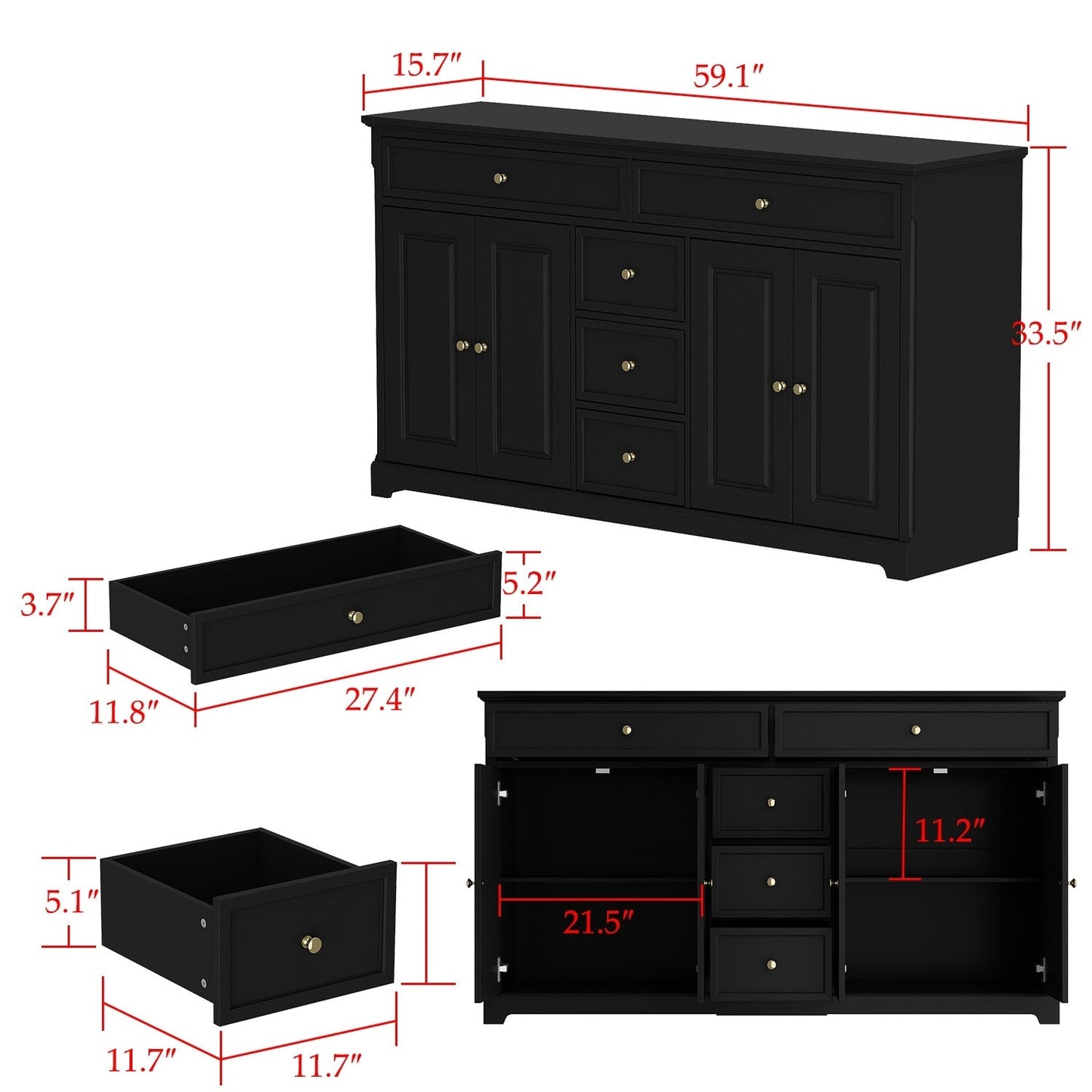 Buffet blanc laqué de 59,1 pouces, style contemporain et moderne du milieu du siècle