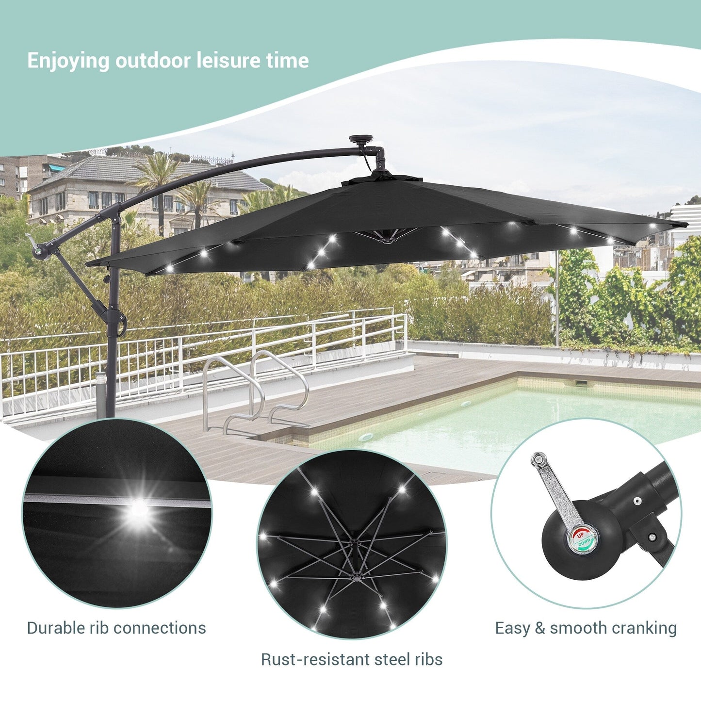 Parasol de terrasse déporté à LED LIVOOSUN de 10 pieds avec base croisée