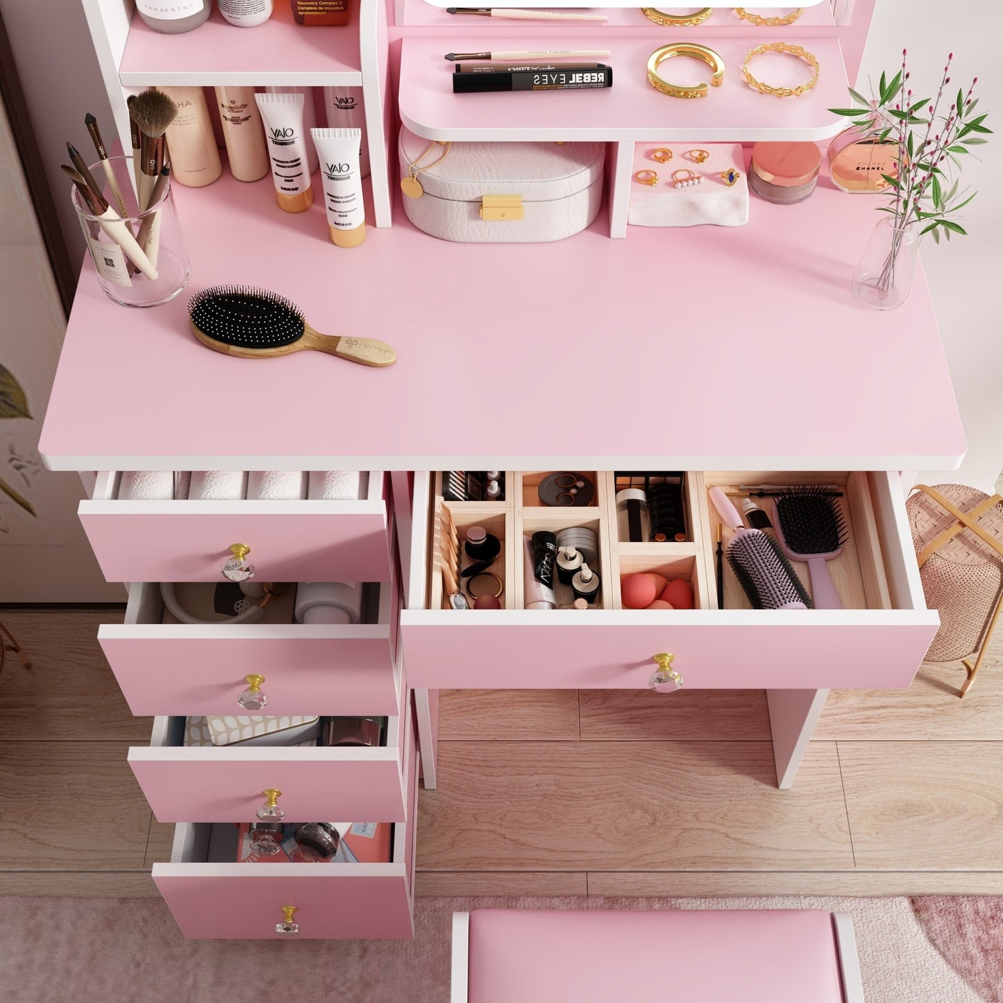 Coiffeuse avec table et tabouret, miroir et éclairage LED