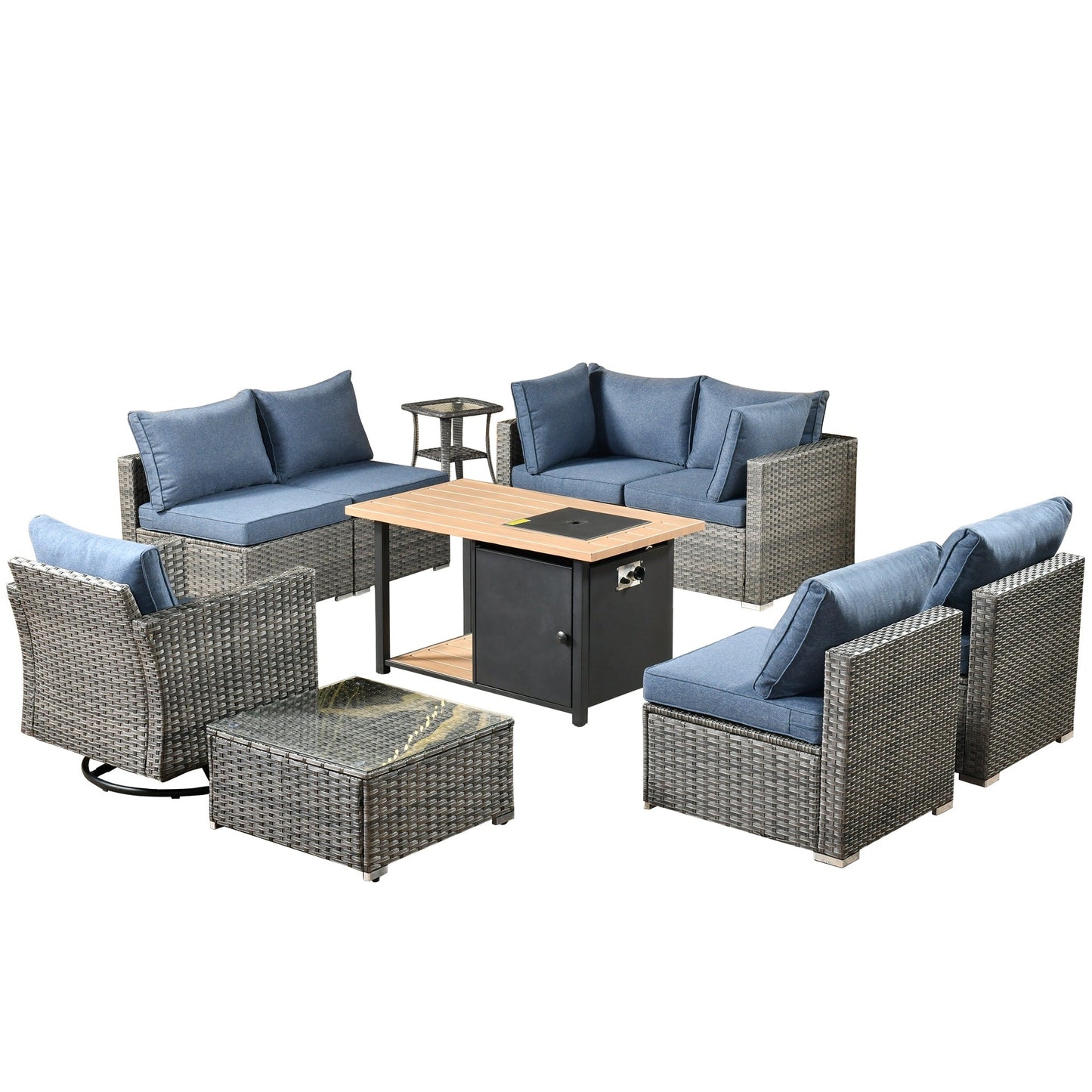 Ensemble de salon sectionnel OVIOS en osier à siège profond, 11 pièces, chaises pivotantes, foyer