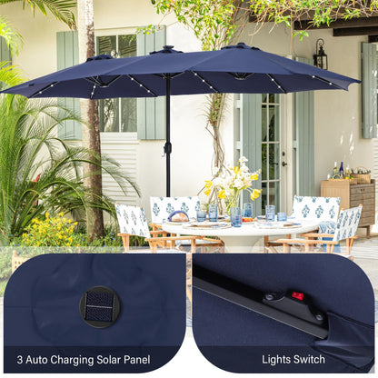 Parasol de marché extérieur rectangulaire à manivelle double face de 15 pieds, parasol de patio éclairé par LED solaire avec base incluse