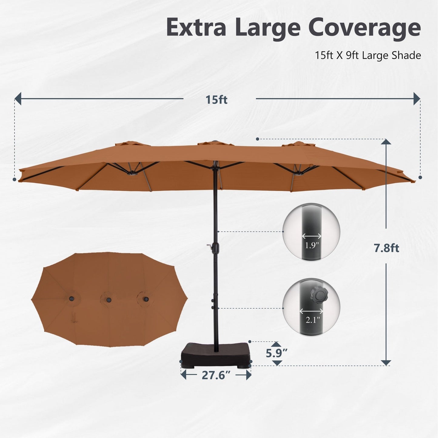 Parasol double extra large de 15 pieds pour patio double face de MAISON ARTS avec base incluse