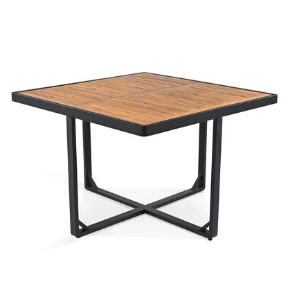 Ensemble de salle à manger de patio en bois d'acacia 18 pièces, 8 chaises rembourrées, 8 poufs et 2 tables carrées