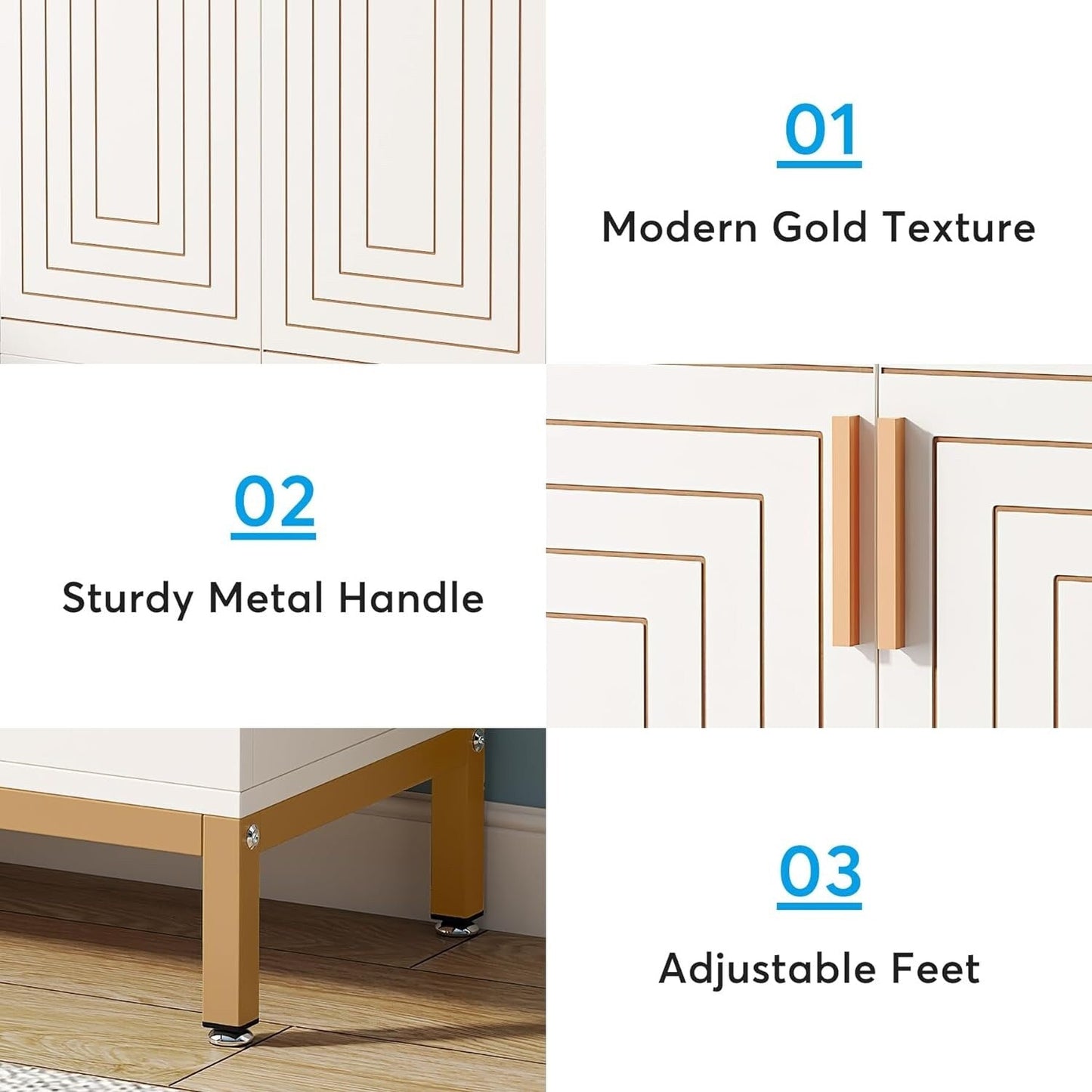 Meuble à chaussures moderne de 95 cm avec portes, blanc et doré, pour 20 paires de chaussures