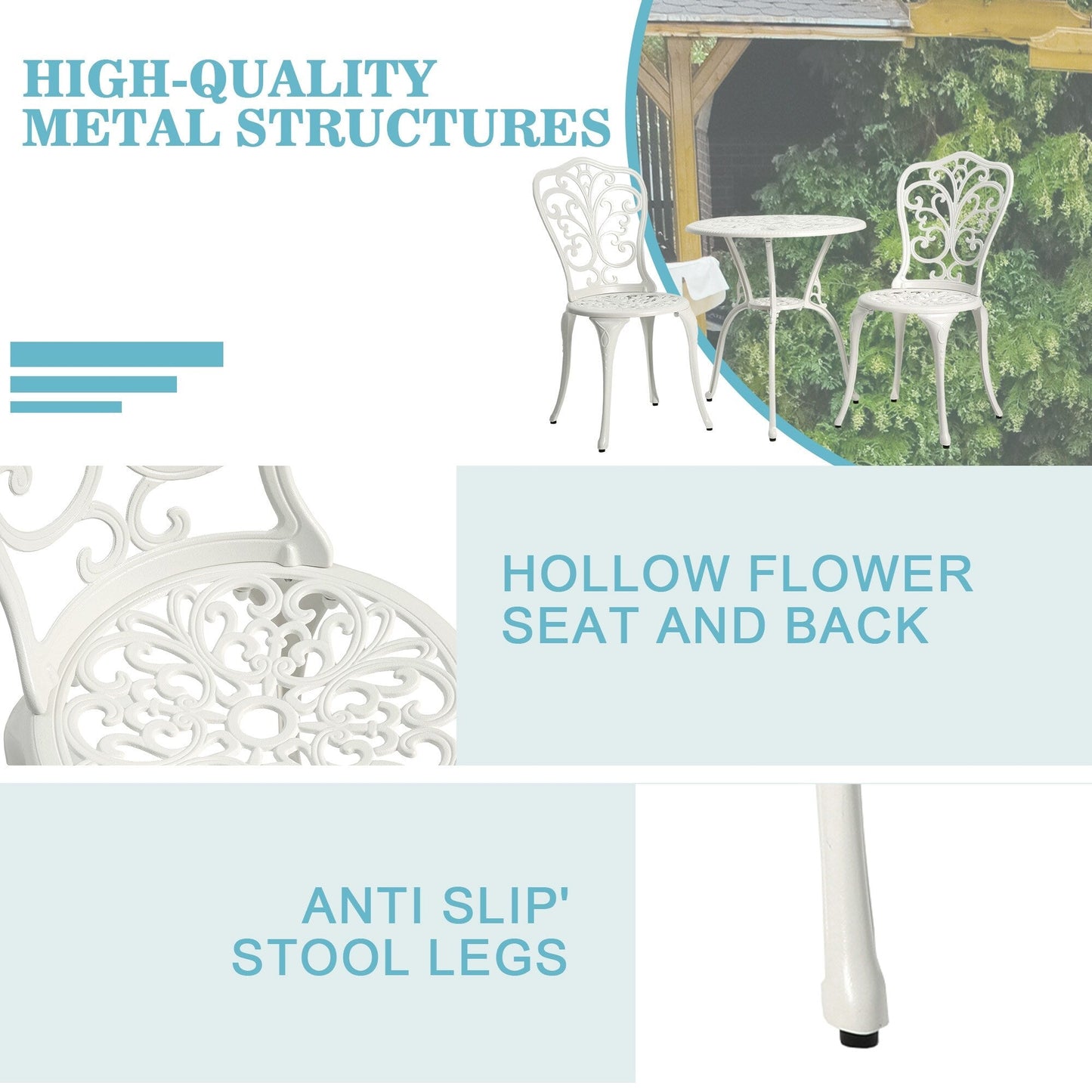 Ensemble de 3 tables et chaises papillon en aluminium pour patio extérieur avec trou pour parasol