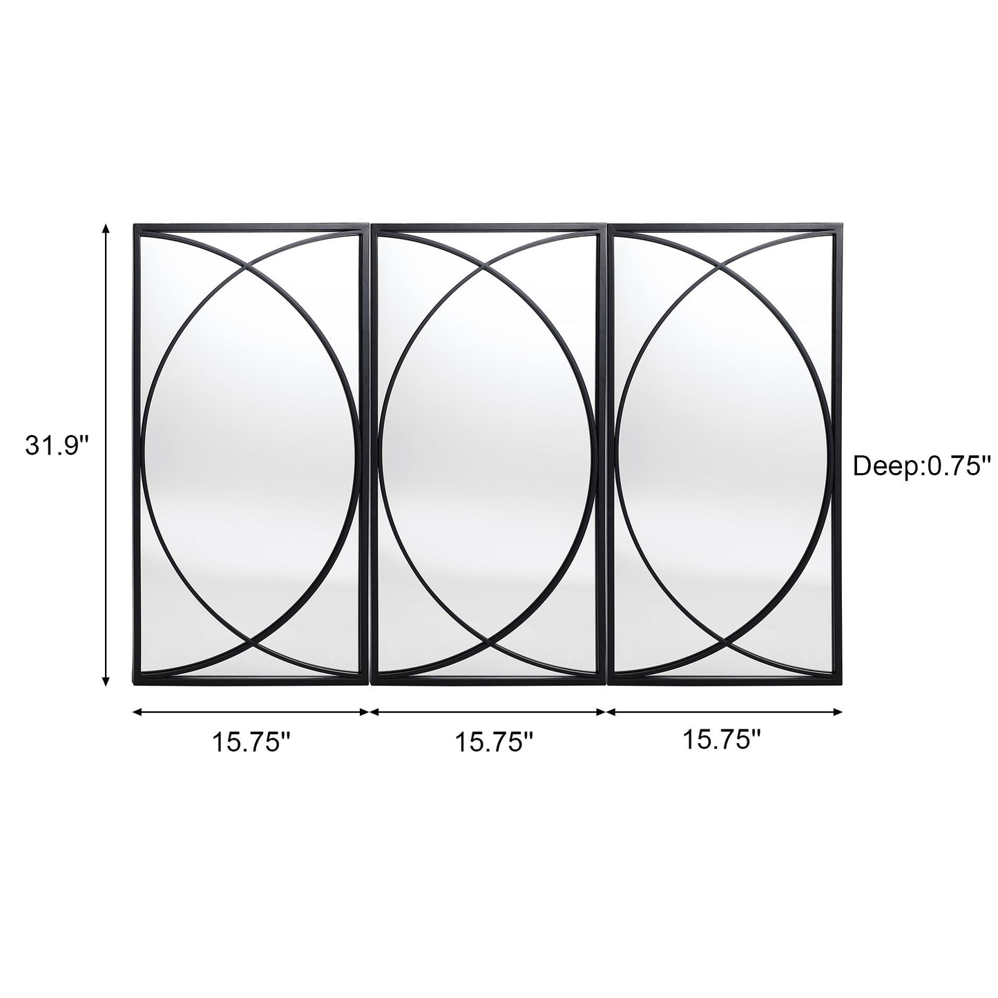 Ensemble de 3 miroirs muraux rectangulaires en métal noir - 31,9 H x 15,75 L x 0,75 P