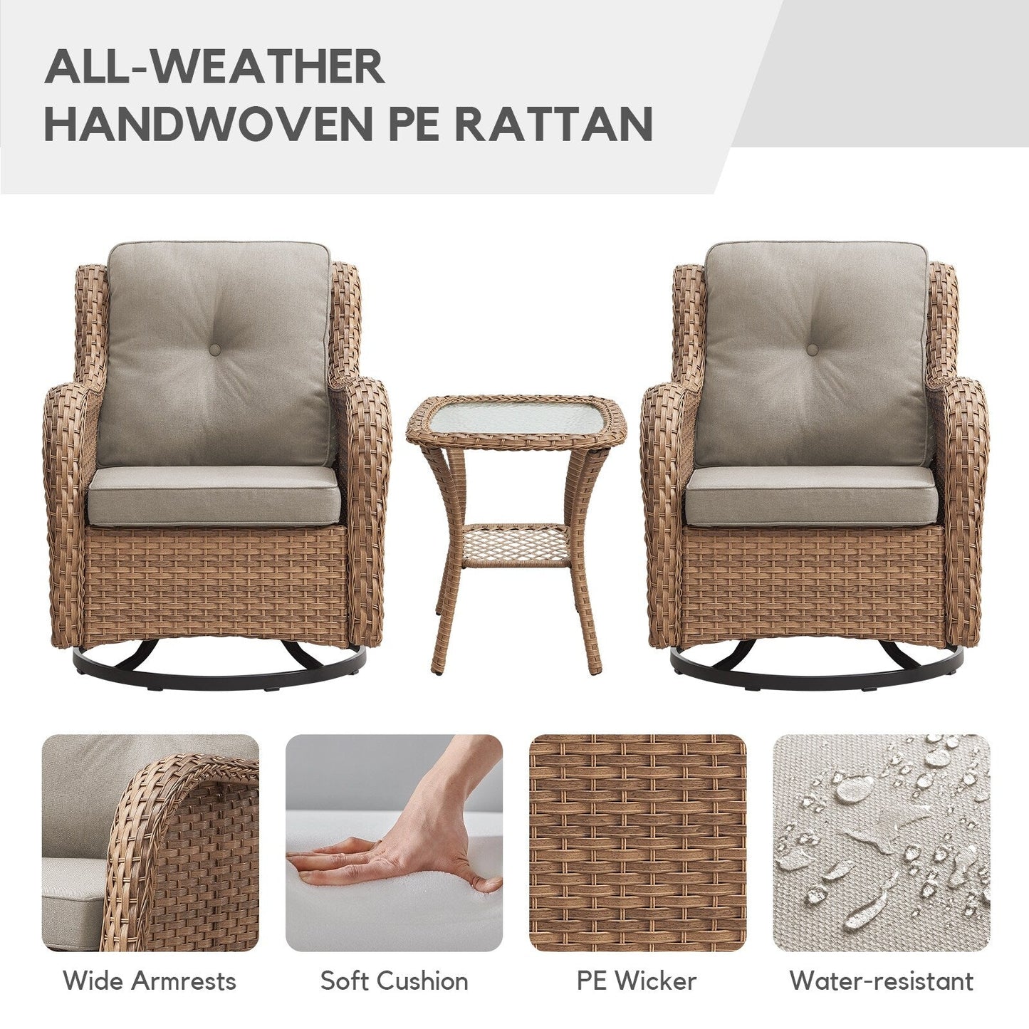 Fauteuil à bascule pivotant d'extérieur Gymojoy 3 pièces en osier avec coussin et table