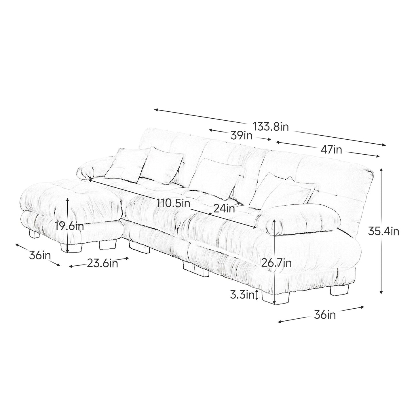 Canapé modulable 3 places, canapé profond en forme de nuage en L avec pouf convertible pour le salon