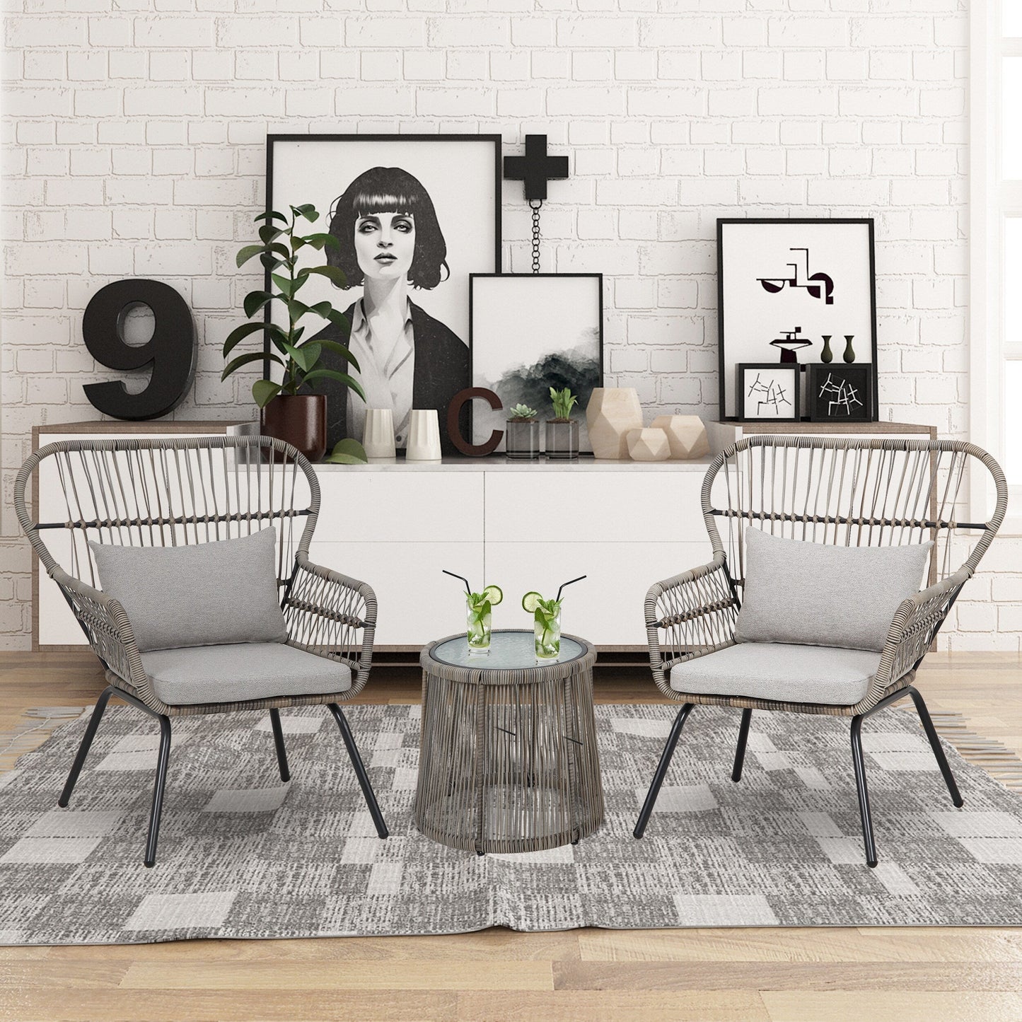 Ensemble de bistrot d'extérieur 3 pièces en osier, mobilier de jardin en rotin toutes saisons, chaises de patio avec coussins