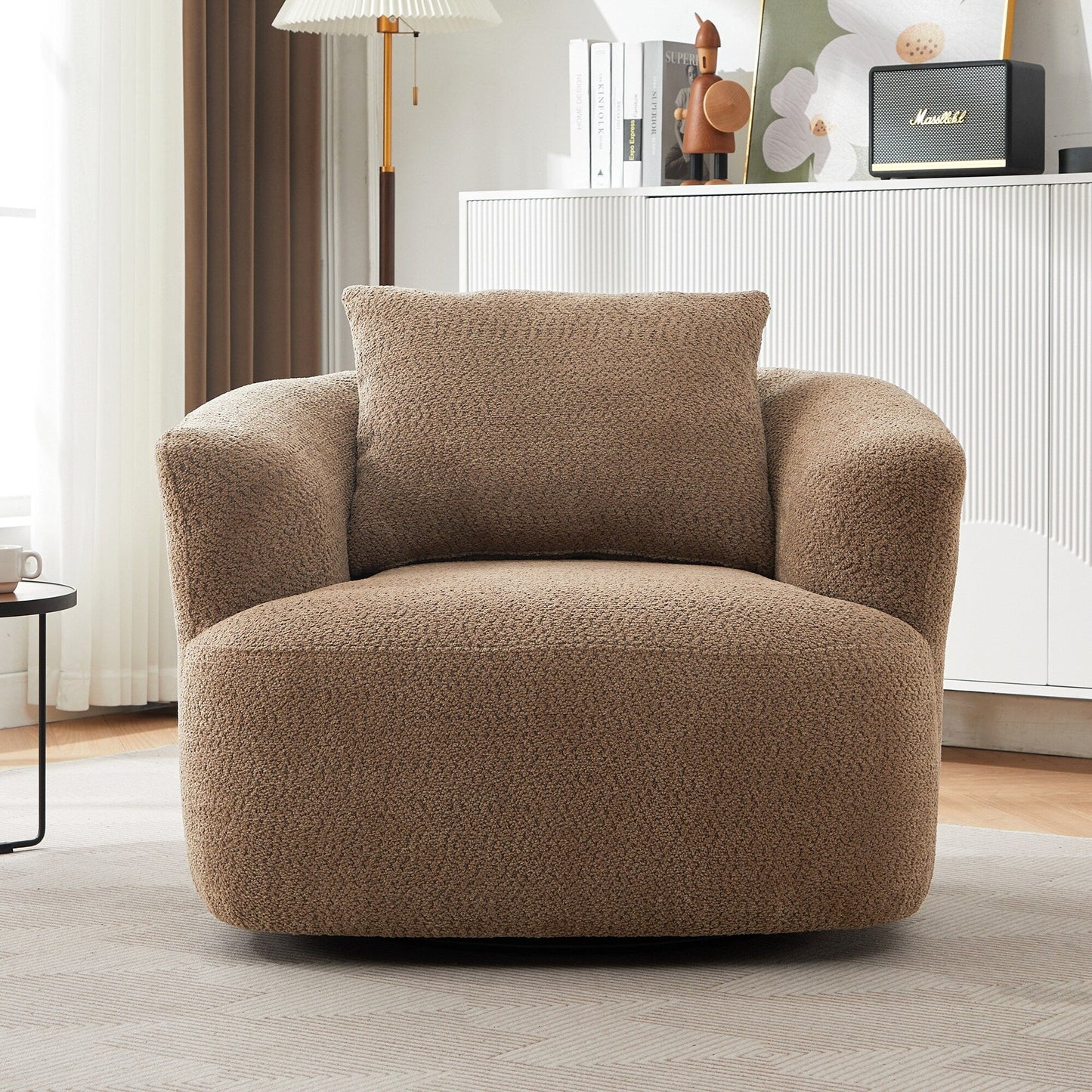 Fauteuil pivotant à 360°, fauteuil d'appoint Boucle 38,2 avec coussin décoratif, fauteuil tonneau rembourré avec accoudoirs incurvés