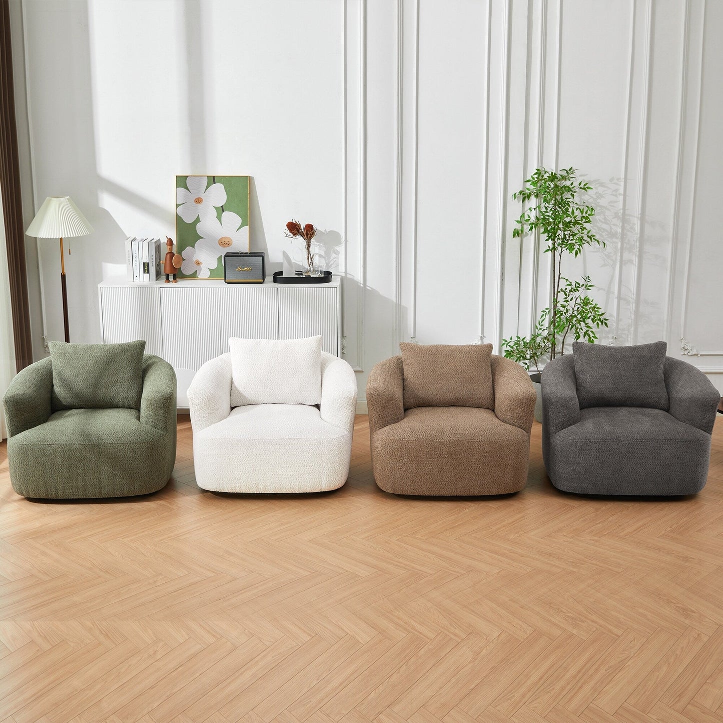 Fauteuil pivotant à 360°, fauteuil d'appoint Boucle 38,2 avec coussin décoratif, fauteuil tonneau rembourré avec accoudoirs incurvés