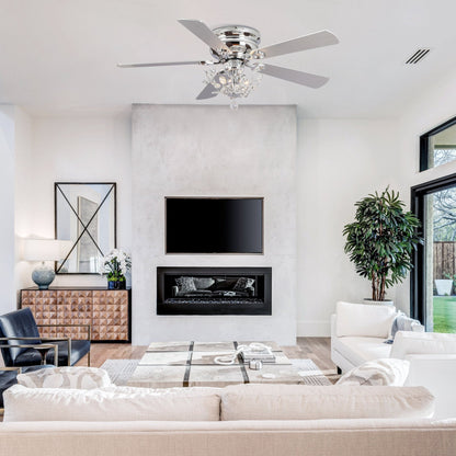 Ventilateur de plafond encastré moderne réversible à 5 pales en cristal avec télécommande