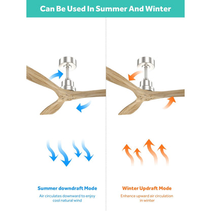 Ventilateur de plafond moderne en bois massif/ABS de 52 pouces avec télécommande (sans lumière), 6 vitesses de vent, flux d'air réversible