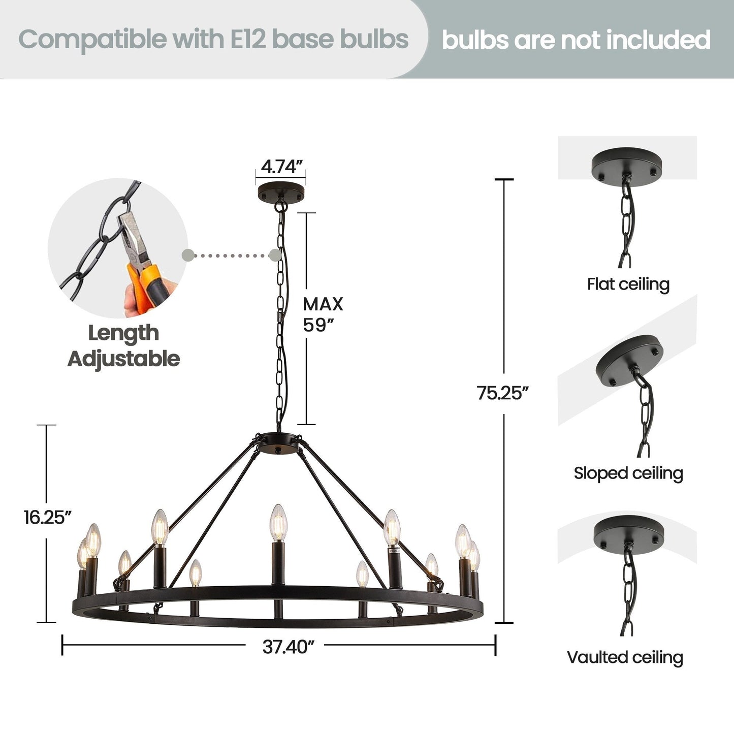 Lustre rond à 24 lumières en forme de roue de chariot de 54 pouces