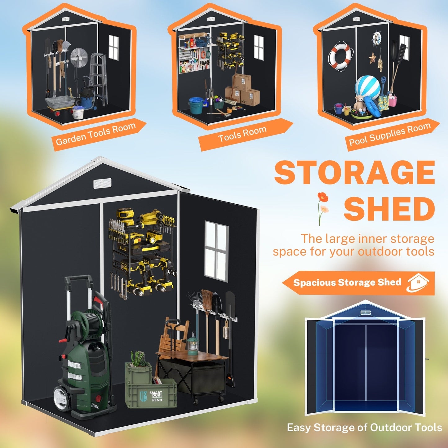 Abri de rangement extérieur en plastique et résine toutes saisons de 6 pi x 4 pi/6 pi x 8 pi/8 pi x 6 pi/8 pi x 10 pi avec plancher, abri à outils Spire