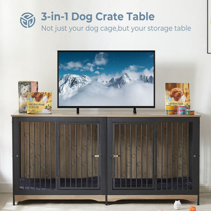 Meuble pour cage à chien de 70,86 pouces, meuble TV pour grandes races avec coussin et chambres doubles (sans coussin)