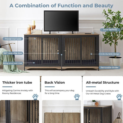 Meuble pour cage à chien de 70,86 pouces, meuble TV pour grandes races avec coussin et chambres doubles (sans coussin)