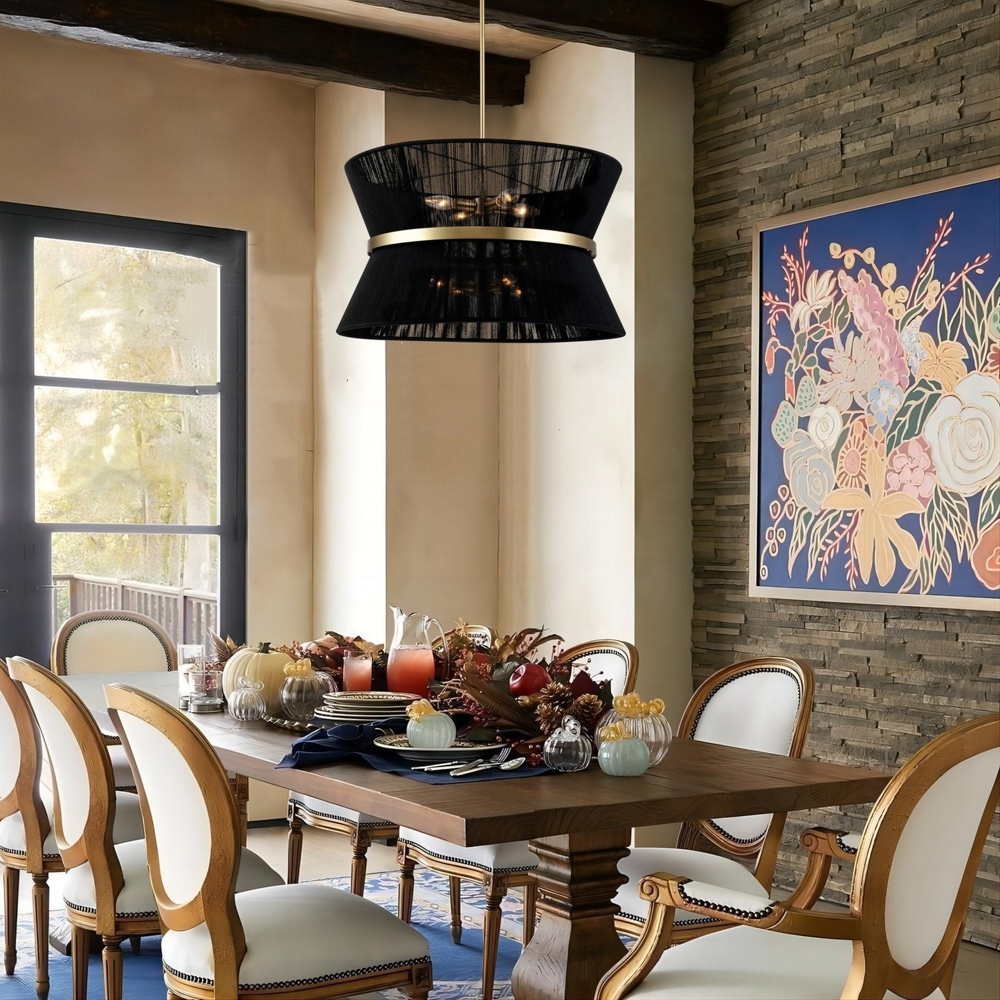 Lustre tambour bohème moderne à 8 lumières, grand format, 61 cm, en tissu tissé à la main, couleur or/noir, pour salle à manger/salon