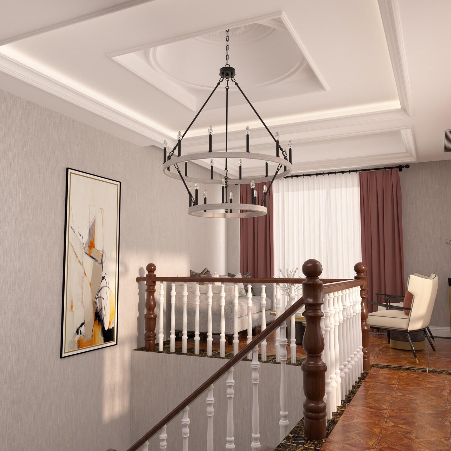 Lustre rond en forme de roue de chariot de style ferme moderne Acroma à 20 lumières de 40 po avec UL