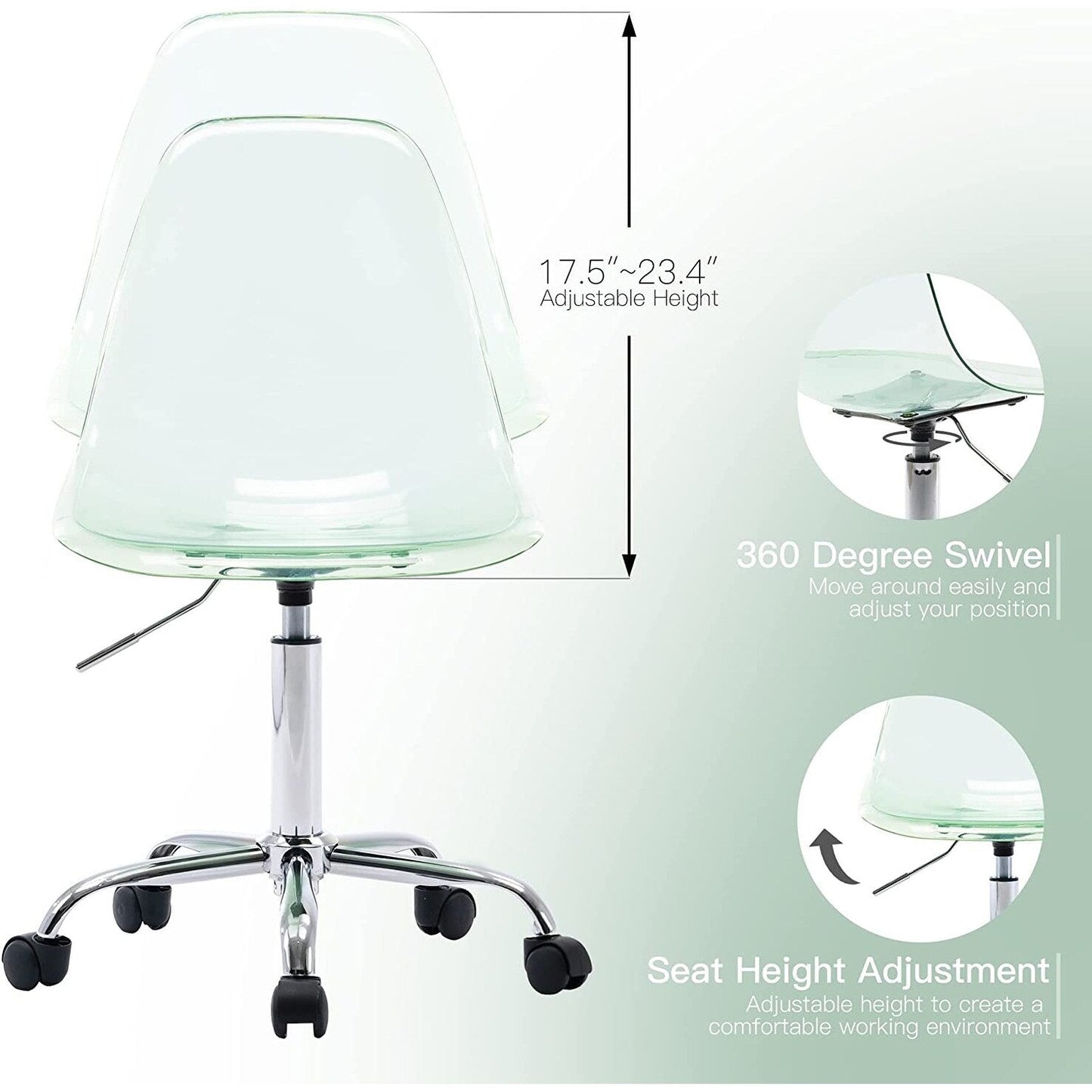 Chaise de bureau pivotante en acrylique à hauteur réglable sans accoudoirs