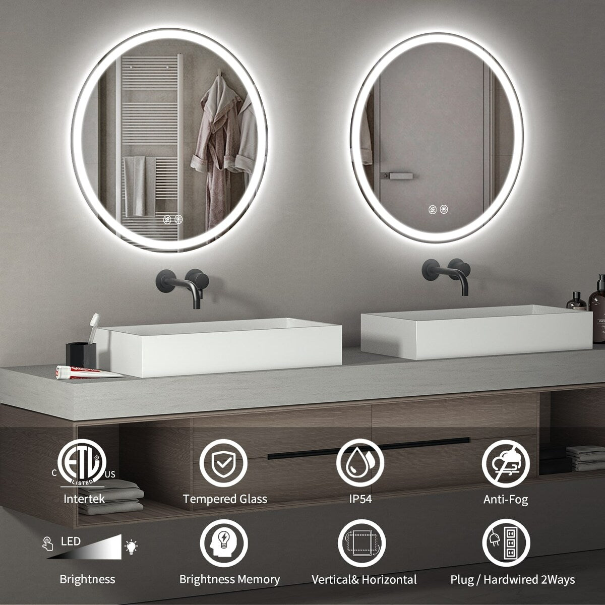 Miroir de courtoisie rond sans cadre, antibuée, éclairé par LED et à intensité variable