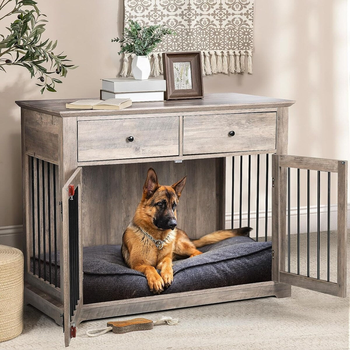 Cage pour chien Bossin de 111 cm de large, table d'appoint en bois avec tiroirs de rangement, niche décorative pour animaux de compagnie.