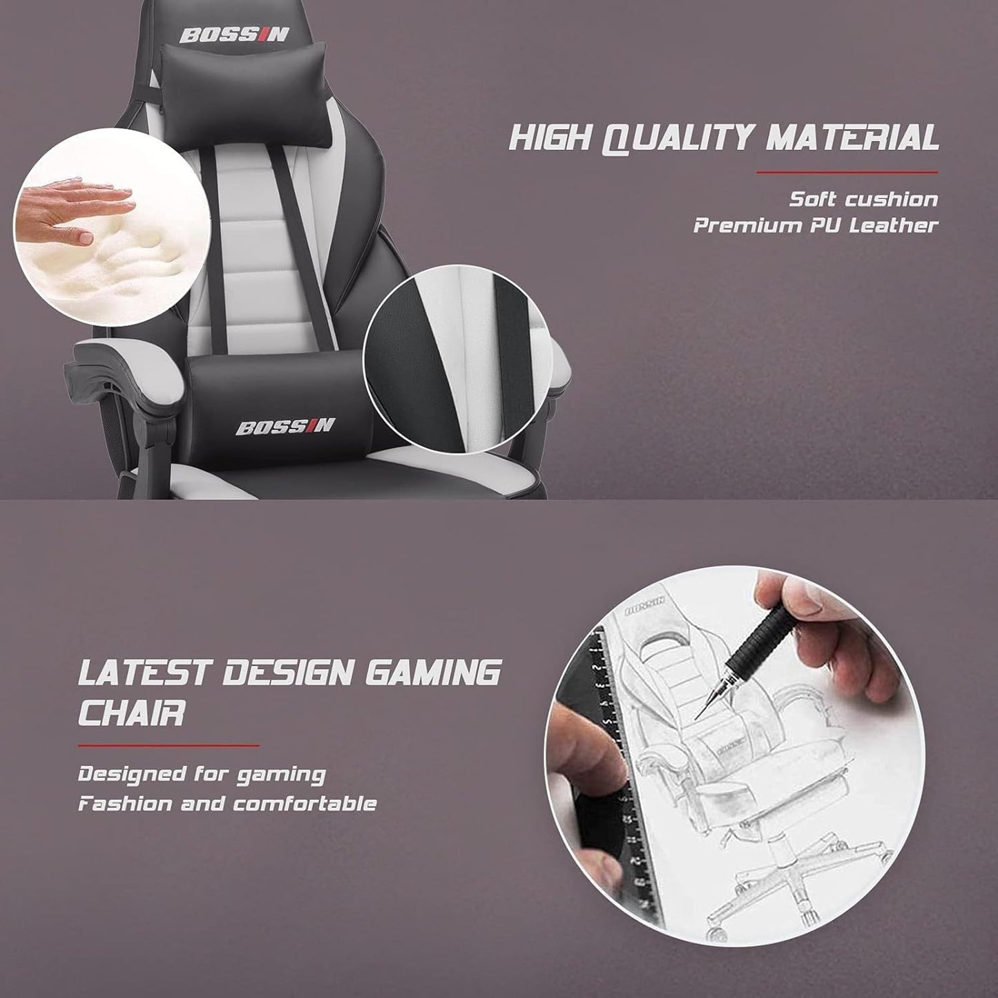 Chaise de jeu de style course BOSSIN, chaise de jeu grande et grande de 300 lb, chaise d'ordinateur à dossier haut