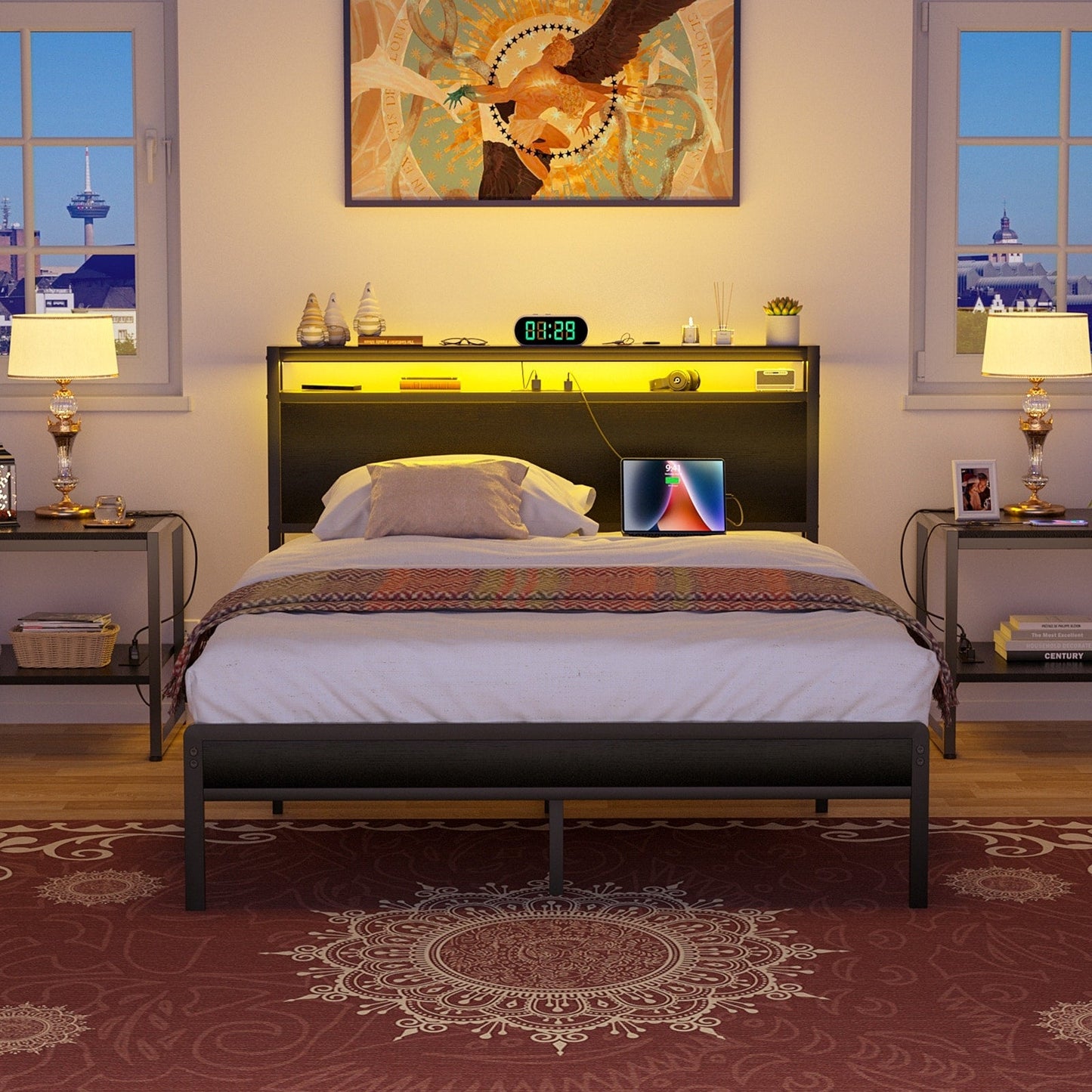 Cadre de lit plateforme en bois de style ferme avec station de charge et lumières LED