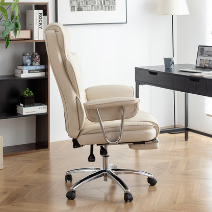 Fauteuil de bureau inclinable ergonomique pivotant à 360° en cuir reconstitué beige avec dossier haut et support lombaire, repose-pieds et hauteur réglable