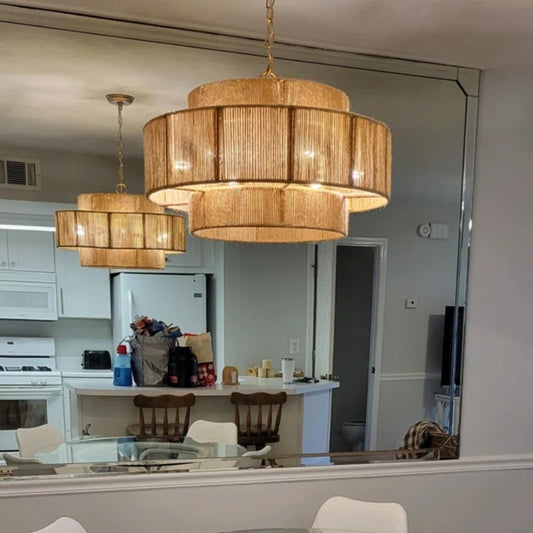 Lustre tambour à plusieurs niveaux en corde de chanvre marron bohème - 23,62 L x 15,16 H