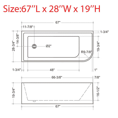 Baignoires autoportantes en acrylique CB HOME 59''/67'', baignoires simples contre le mur, trop-plein gauche/droite