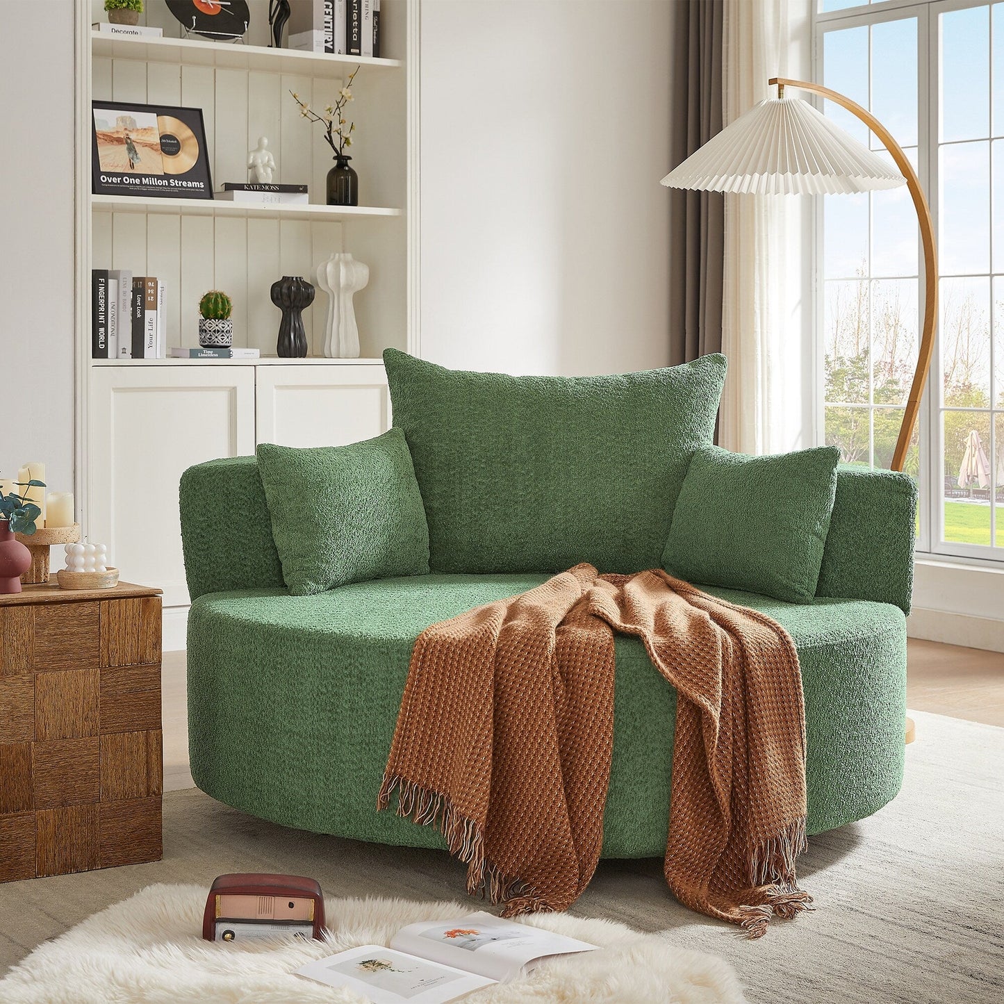 Fauteuil d'appoint en chenille, fauteuil rond avec base pivotante à 360 degrés et 3 coussins amovibles
