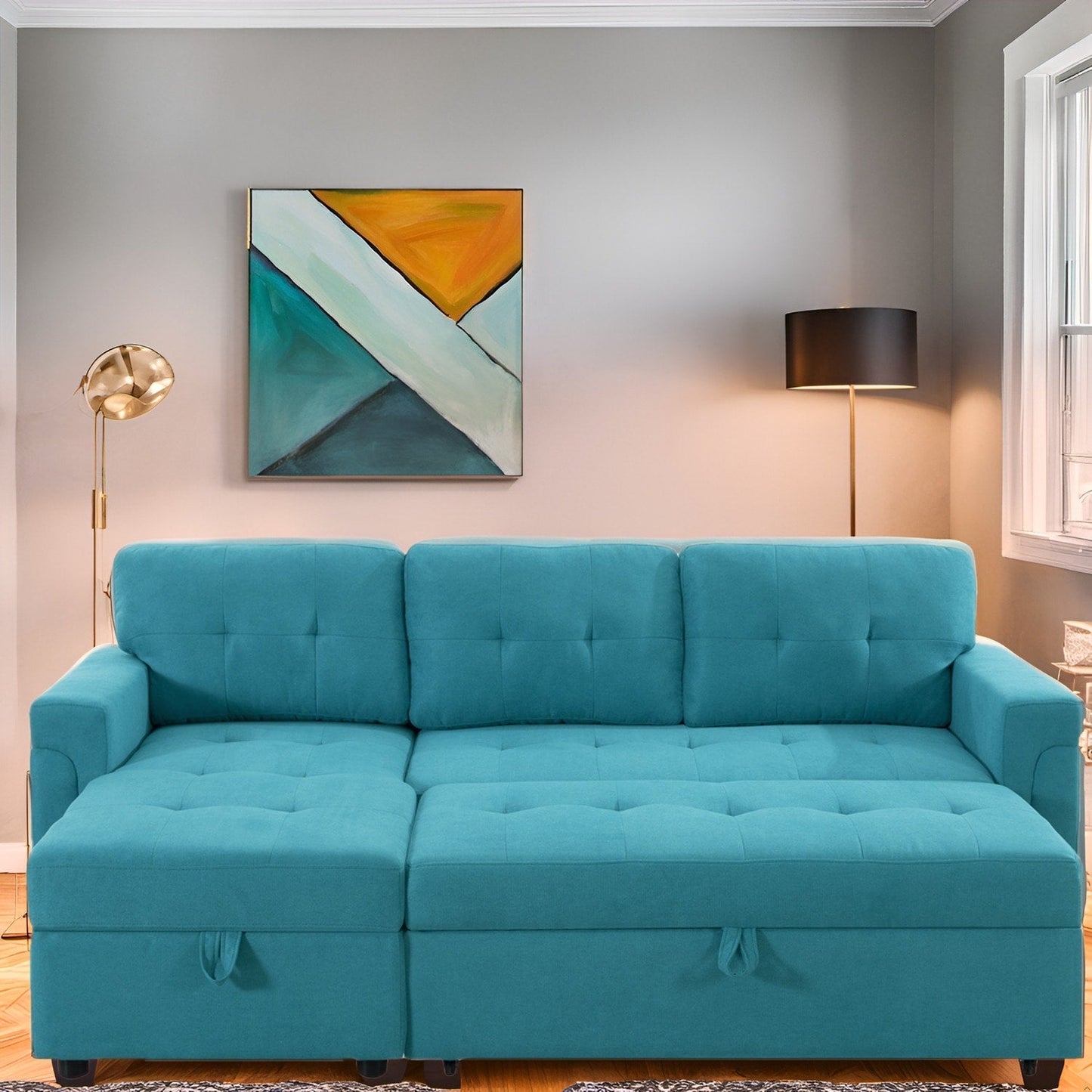 Canapé sectionnel convertible réversible avec lit gigogne, méridienne avec rangement dissimulé et pieds robustes