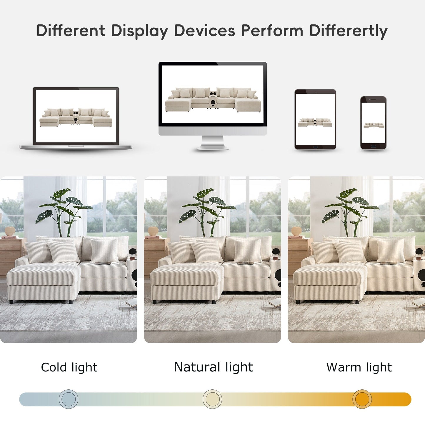 Canapé sectionnel en velours côtelé avec haut-parleurs Bluetooth, chargeur USB, porte-gobelets, rangement, pouf, assise profonde et large