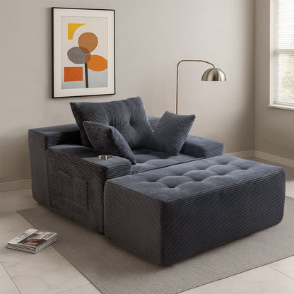 Canapé pouf rembourré en velours côtelé et mousse à mémoire de forme avec pouf - 48,4 L x 67,7 l x 24,4 H