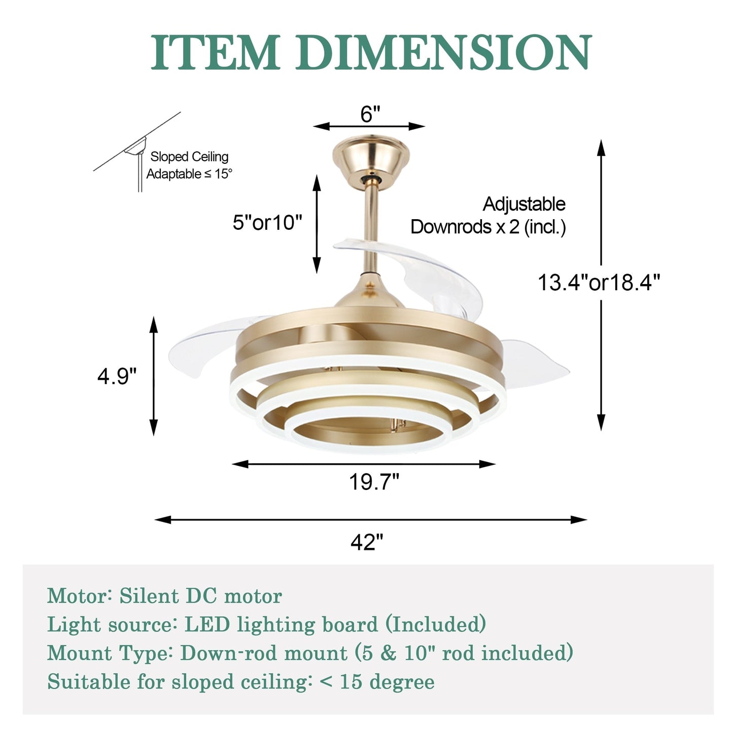 Ventilateur de plafond rétractable Cusp Barn 42 avec lumières et télécommande DIY Forme Fandelier Moderne Silencieux Moteur CC Plafonnier LED