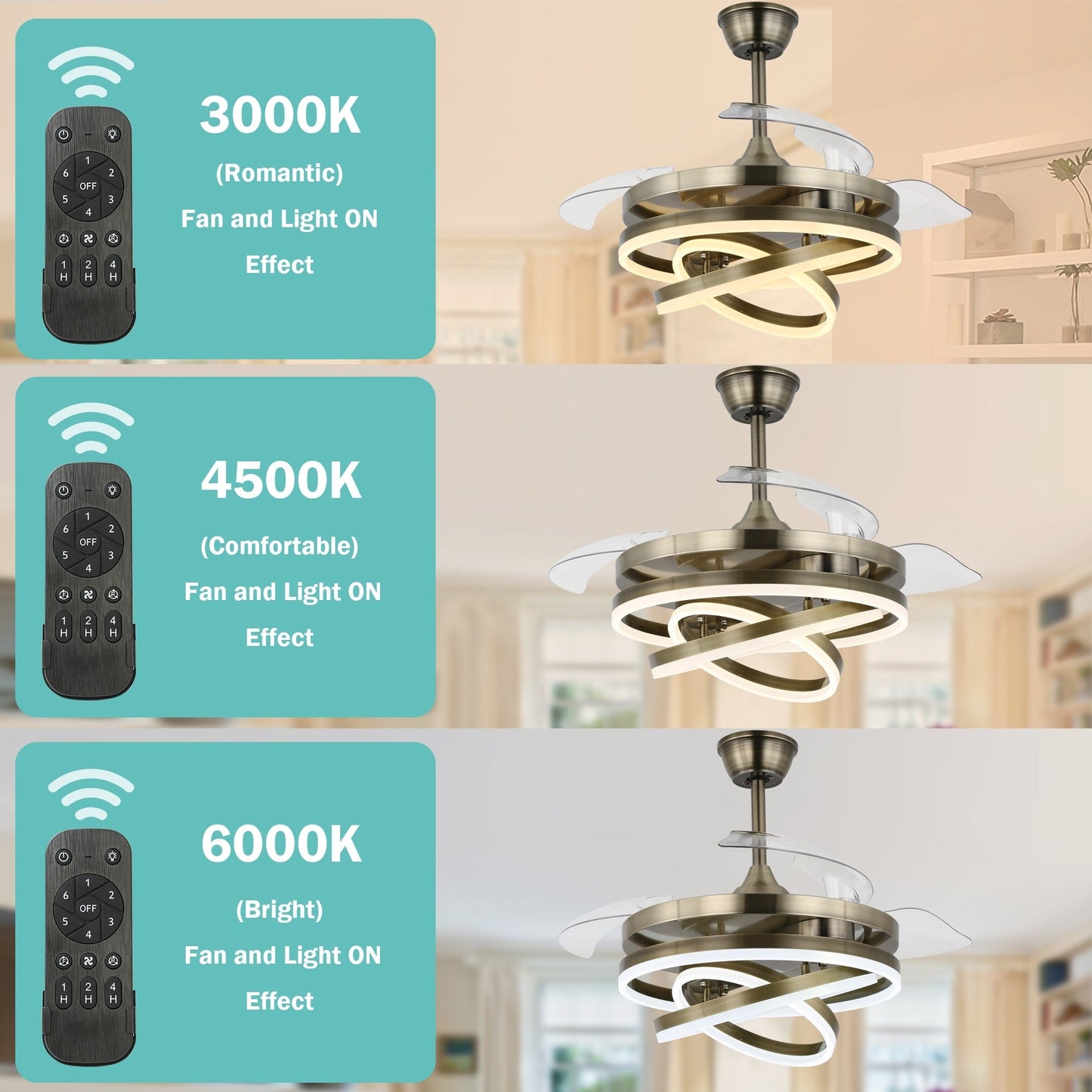 Ventilateur de plafond rétractable Cusp Barn 42 avec lumières et télécommande DIY Forme Fandelier Moderne Silencieux Moteur CC Plafonnier LED