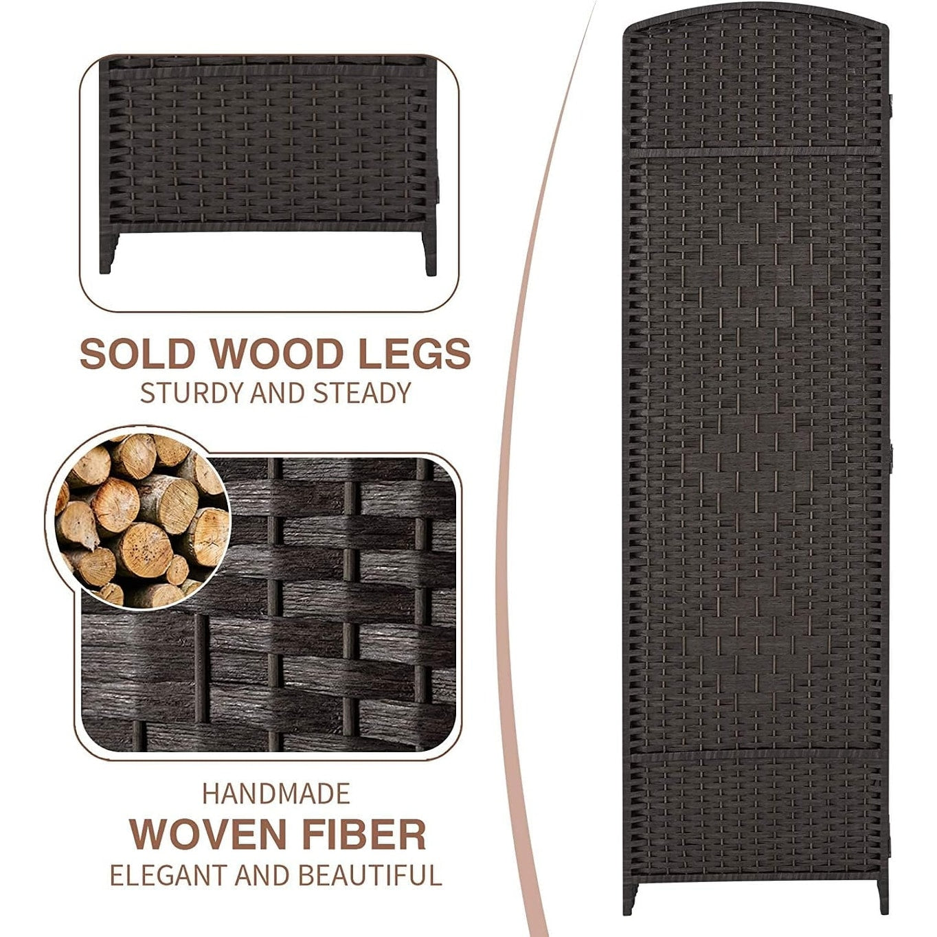 Paravent de séparation de pièce de 6 pieds de haut en fibre tissée, écran de confidentialité autoportant, écran pliant