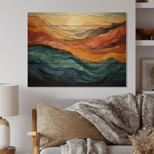 Impression moderne de paysage de montagnes audacieuses corail sarcelle Designart sur bois de pin naturel