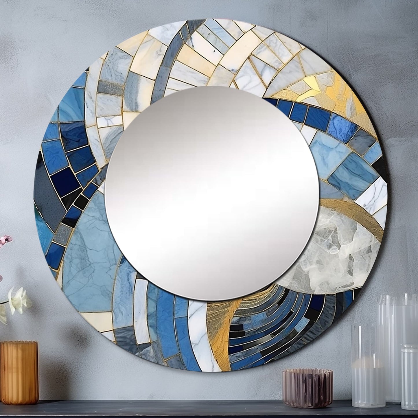Miroir rond Designart Gold Constructing Blue Realms I Formes abstraites - Miroir de salon bleu moderne