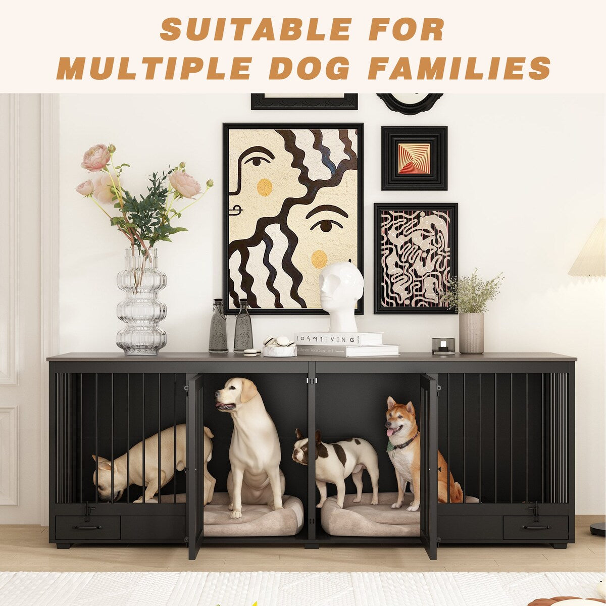 Meubles pour cage à chien - Niche en bois avec séparateur de pièce et 2 tiroirs