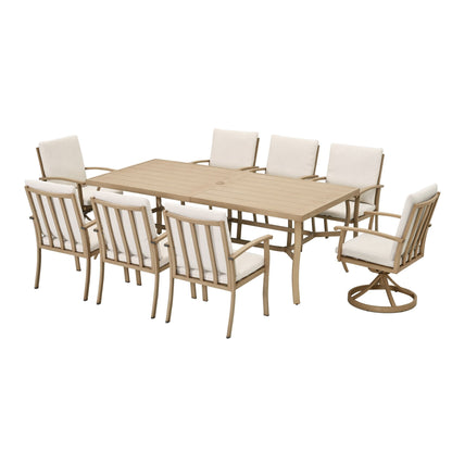 Ensemble de salle à manger de patio en aluminium EGEIROS LIFE AluLux 9 pièces avec 2 chaises pivotantes, 6 chaises et coussins lavables