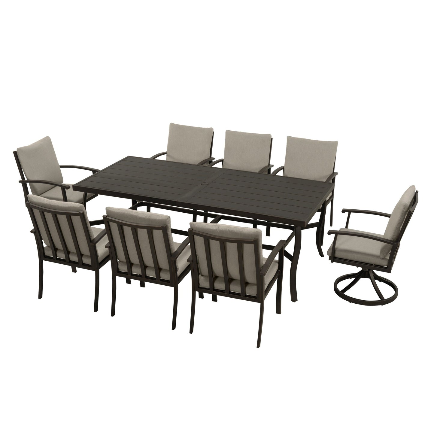 Ensemble de salle à manger de patio en aluminium EGEIROS LIFE AluLux 9 pièces avec 2 chaises pivotantes, 6 chaises et coussins lavables