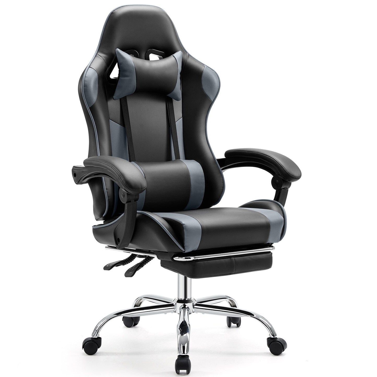 Fauteuil de jeu ergonomique pivotant à 360° en cuir PU avec repose-pieds, appui-tête, support lombaire et hauteur réglable