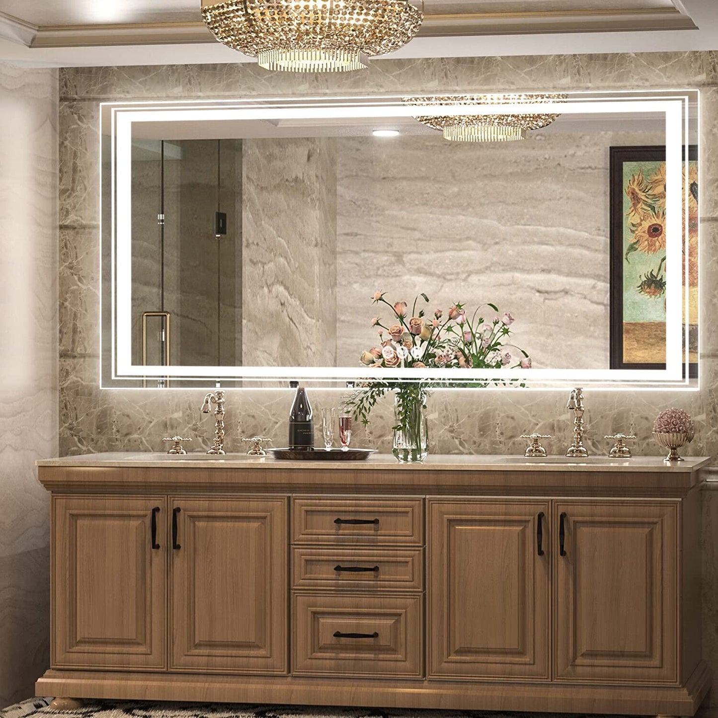 Miroir de salle de bain extra large avec éclairage LED, antibuée, 3 couleurs