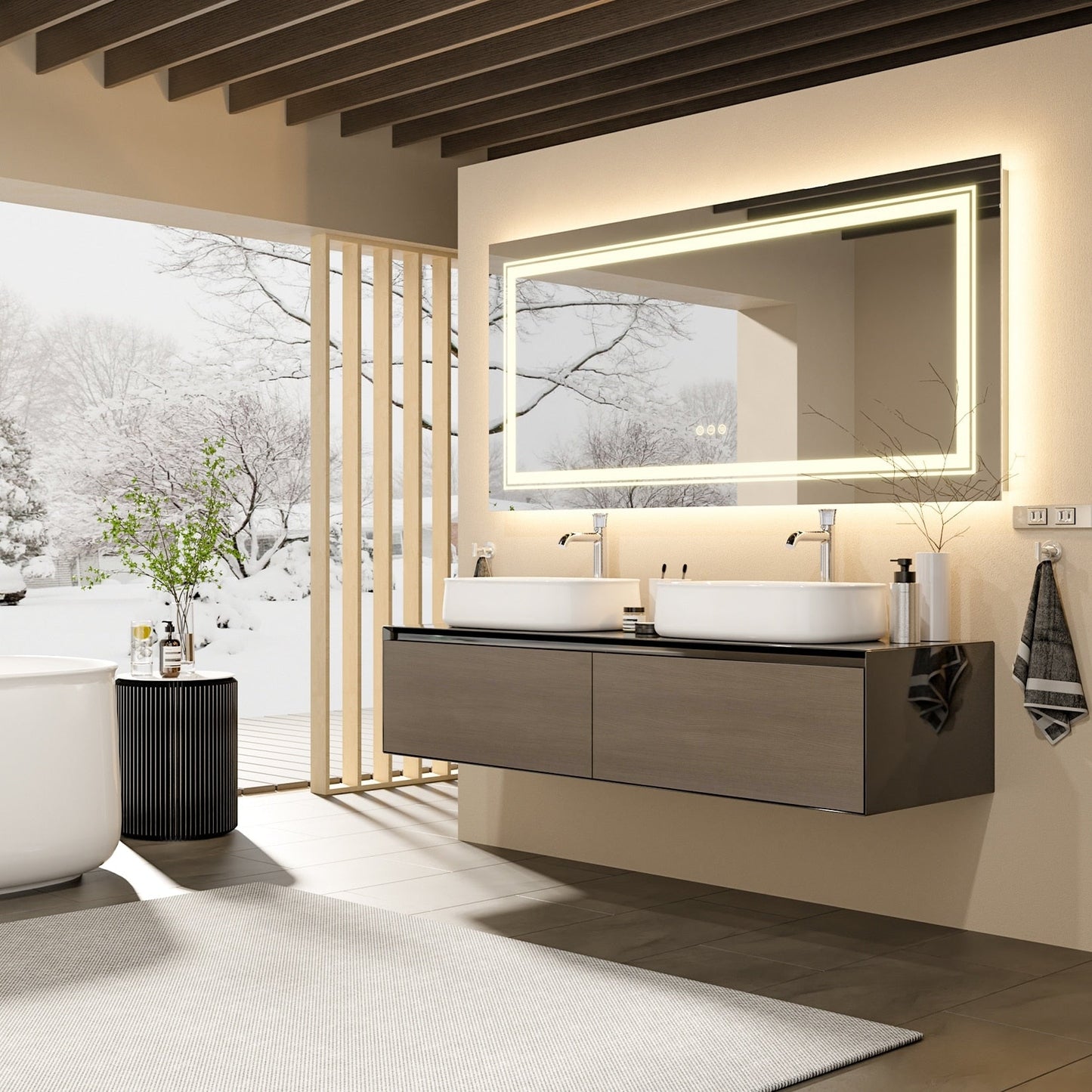 Miroir de salle de bain extra large avec éclairage LED, antibuée, 3 couleurs