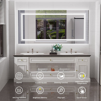 Miroir de salle de bain extra large avec éclairage LED, antibuée, 3 couleurs