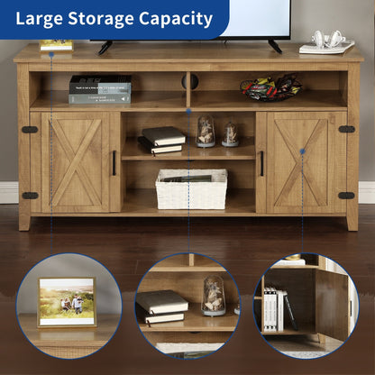 Meuble TV Farmhouse pouvant accueillir jusqu'à 65 téléviseurs avec portes et étagères ouvertes Console multimédia Prise de courant