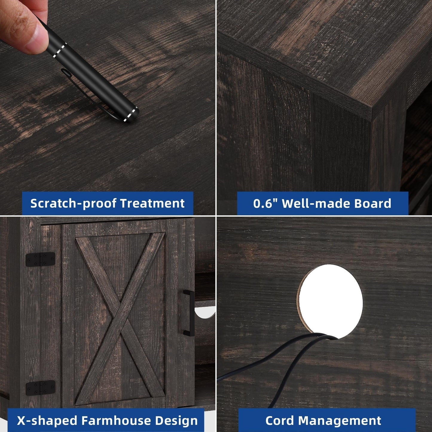 Meuble TV Farmhouse pouvant accueillir jusqu'à 65 téléviseurs avec portes et étagères ouvertes Console multimédia Prise de courant