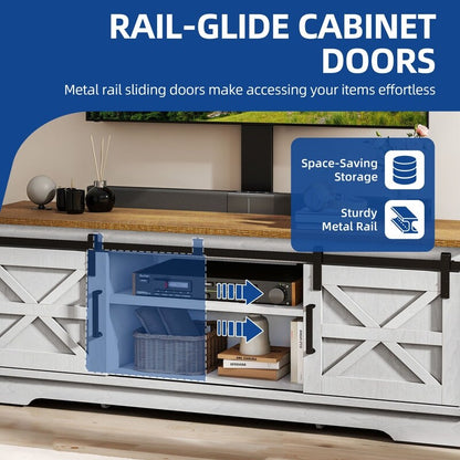 Meuble TV Farmhouse pouvant accueillir jusqu'à 65 téléviseurs avec portes et étagères ouvertes Console multimédia Prise de courant